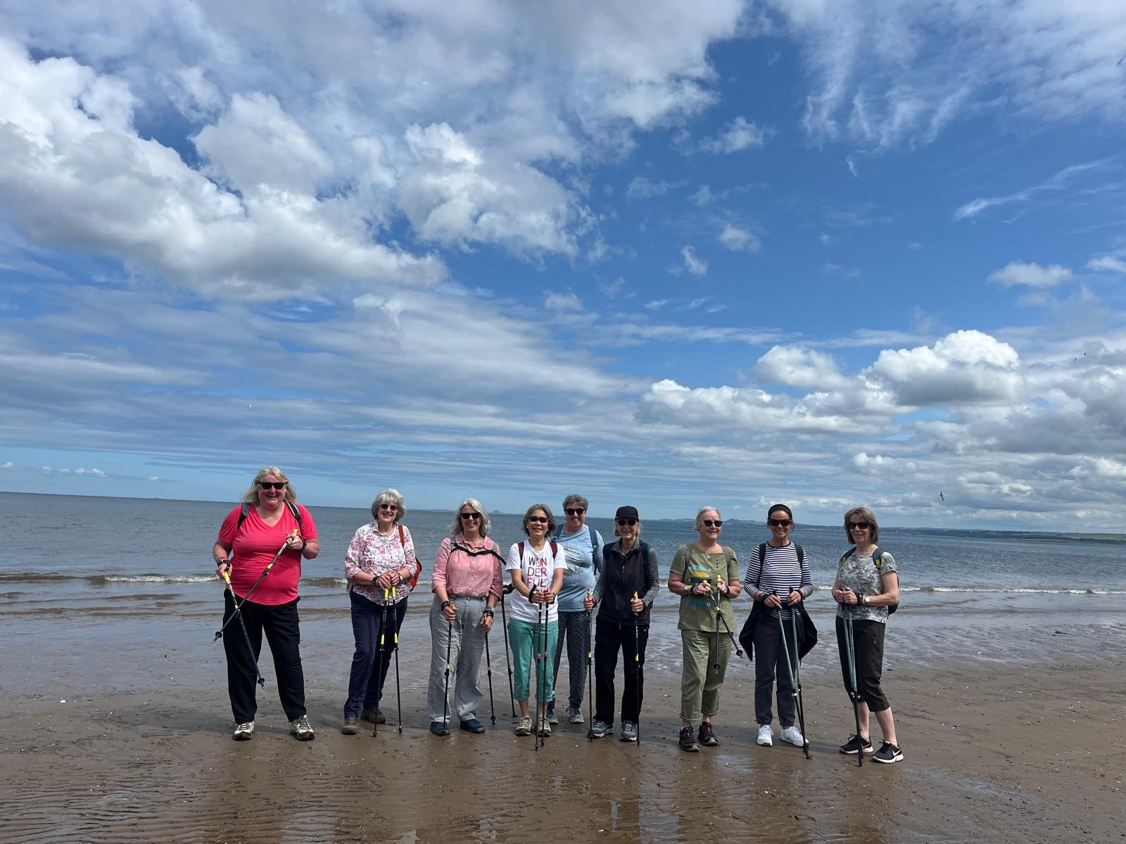 A group of Nordic walkers on a beach